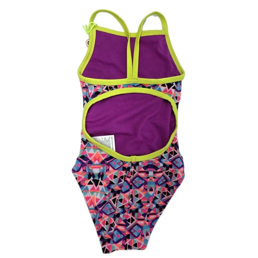 TYR Funnies The Finals Girls 1-piece Cutout Swimsuit Geometric Lined Size 22